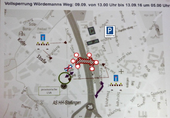 Ein Plan des Wördemanns Wegs über der A7 und den Nebenstraßen mit eingezeichneten Sperrungen und  zusätzlich aufgestellten Verkehrszeichen und Ausweichparkplätzen für den Imbekstieg.