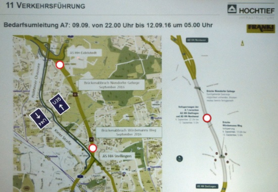 Die Umleitungsstrecke zwischen Eidelstedt und Stellingen über Holsteiner Chaussee und Kieler Straße für die voll gesperrte Autobahn A7. Auf dieser Strecke wird sich der Verkehr stauen.
